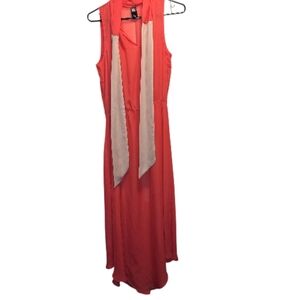 Sheer Coral Sleeveless Dress with Tan Tie Medium